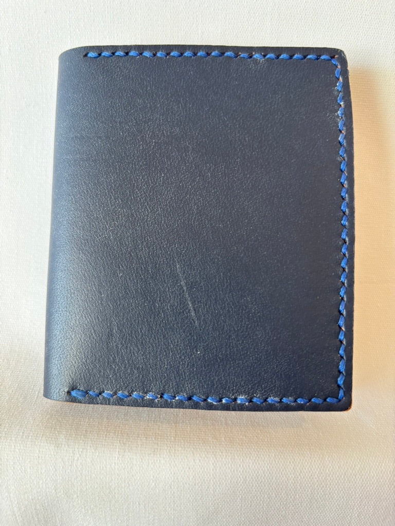 navy/brown micro card wallet with note section