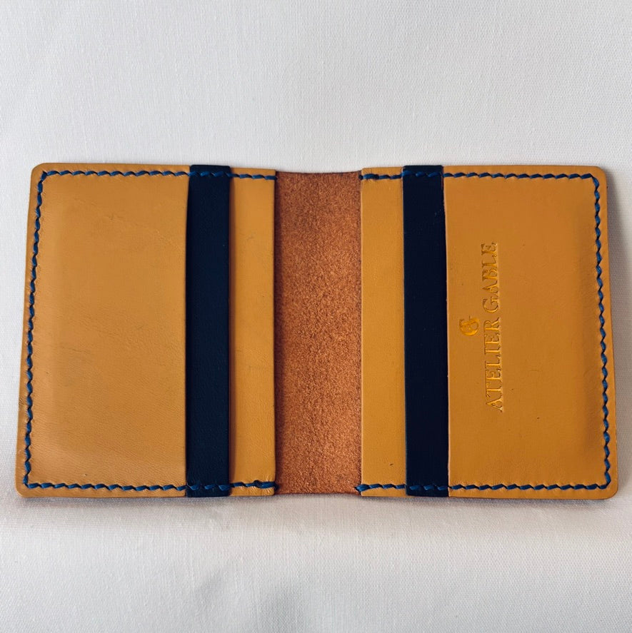 navy/brown micro card wallet with note section