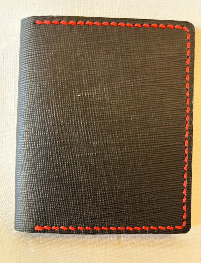 Black saffiano micro card wallet with burgundy reptile embossed inner